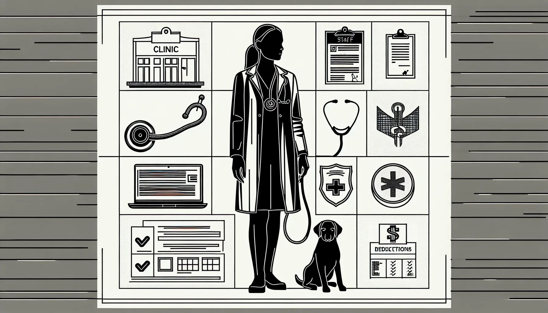 Veterinarian standing between W2 clinic and 1099 independent contractor icons of W2 vs 1099 for Veterinarians.
