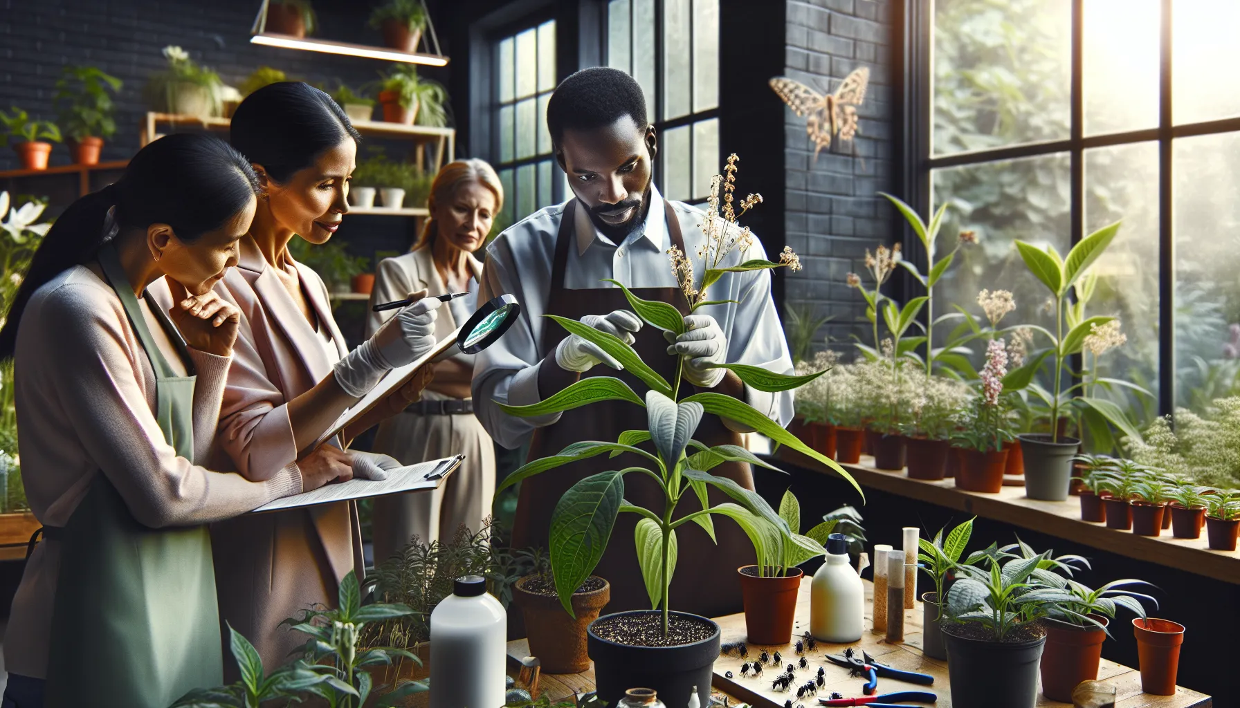 diverse team discussing pest management for milkweed in a modern garden workspace.