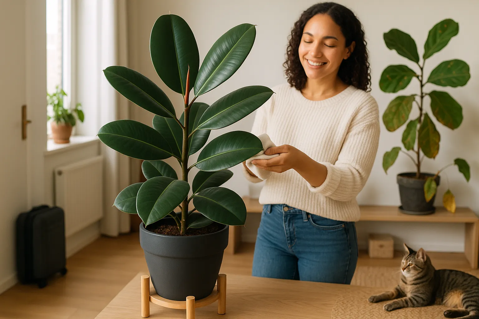 person tending a healthy rubber plant beside a struggling fiddle leaf fig