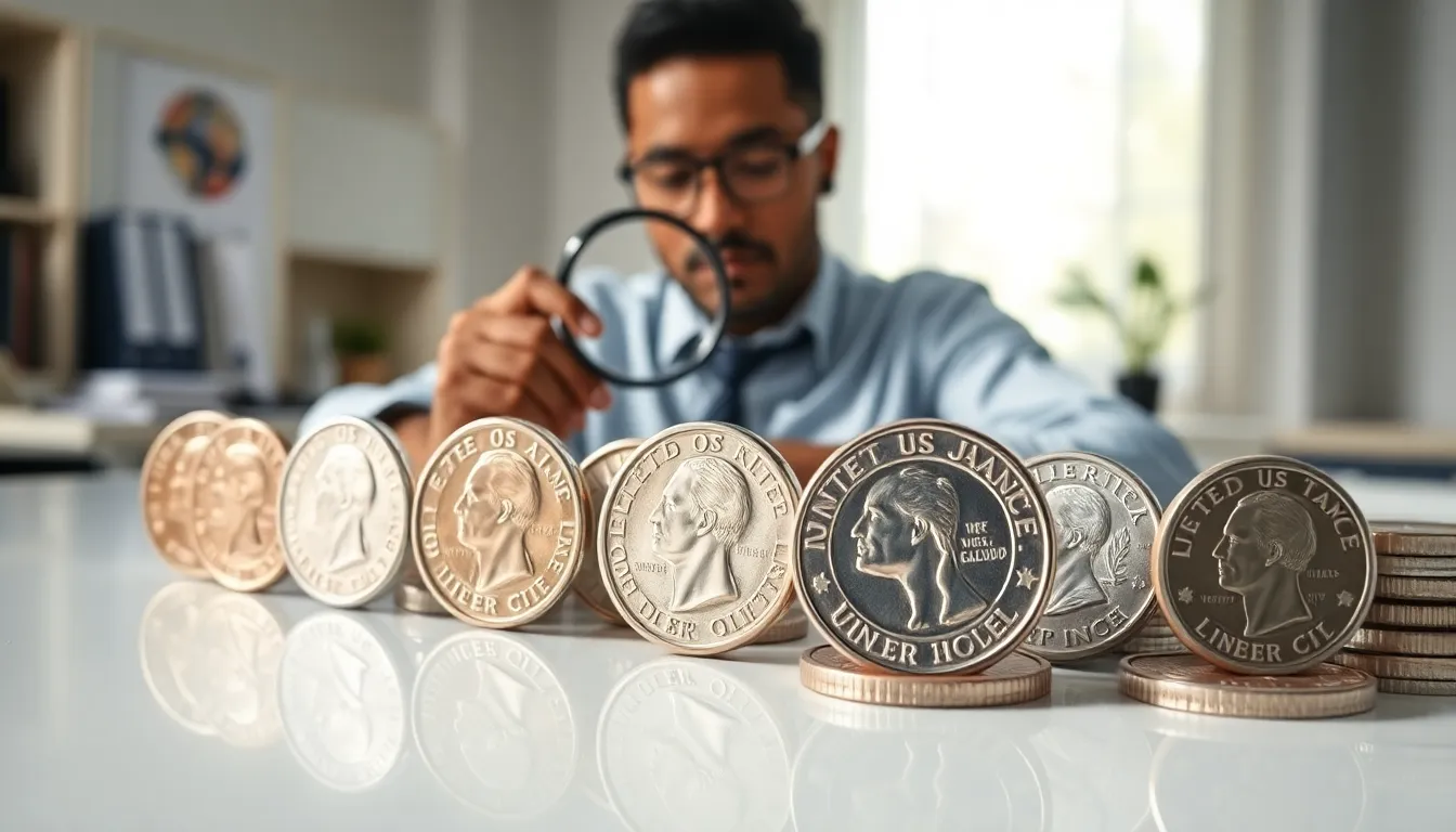 a collector examining modern U.S. nickels in a professional setting.