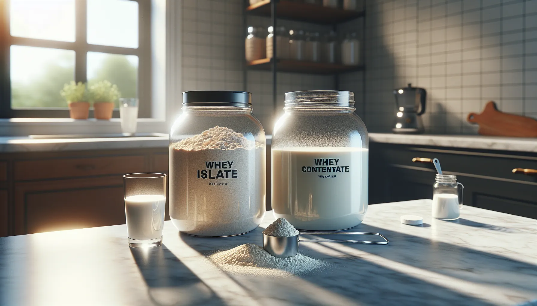 Two jars of whey protein powder, isolate and concentrate, in a kitchen setting.