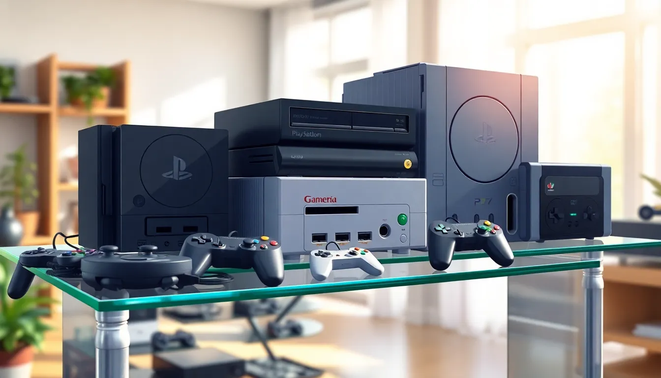 collection of 2000s game consoles in a modern gaming room.