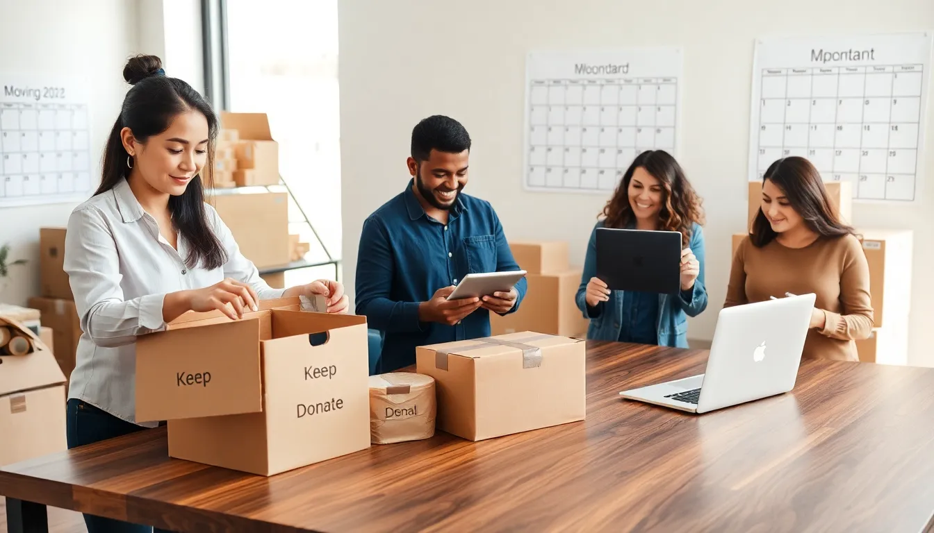 diverse team planning a move in a bright office environment.