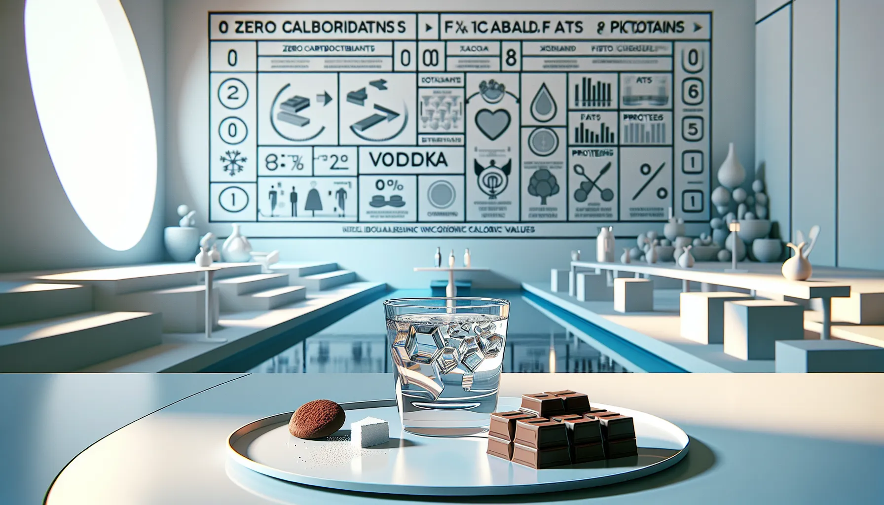 Glass of vodka with chocolate and pizza on a modern bar surface.