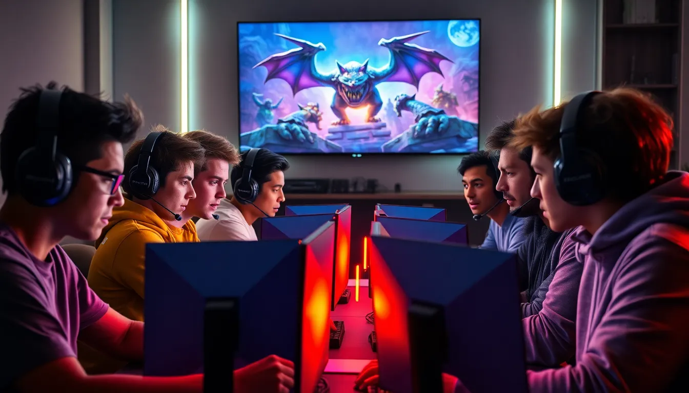 diverse gamers collaborating in a modern gaming environment.