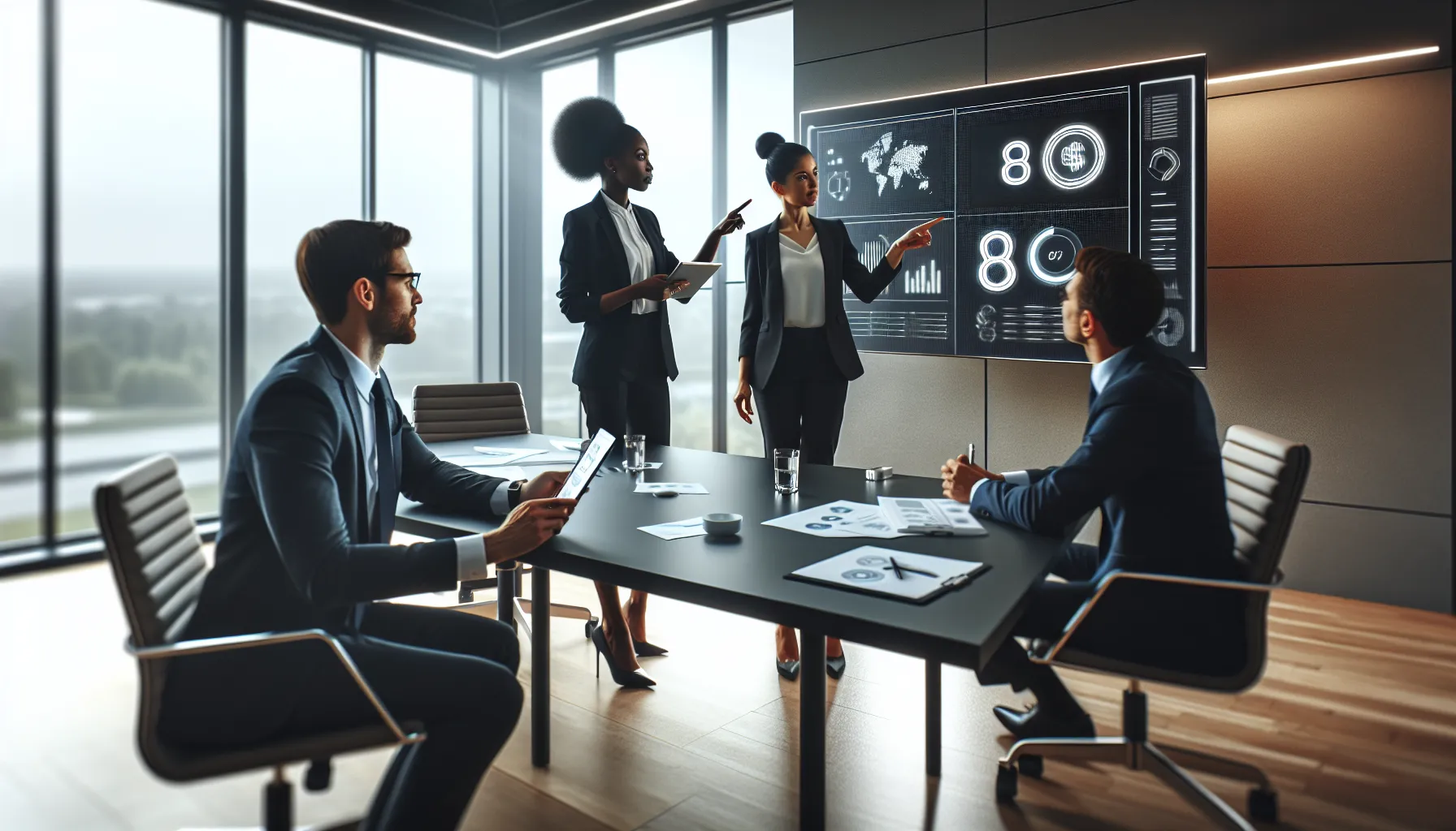professionals discussing data in a modern office setting.