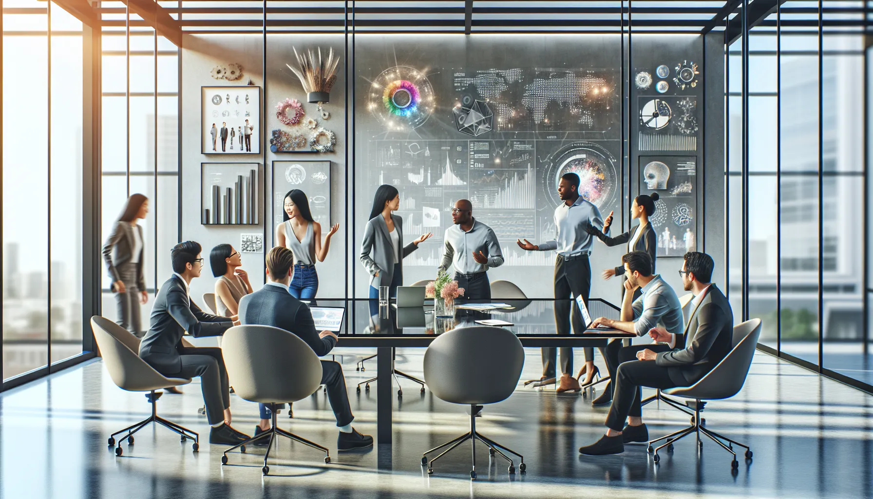 diverse team collaborating in a modern workspace using digital tools.