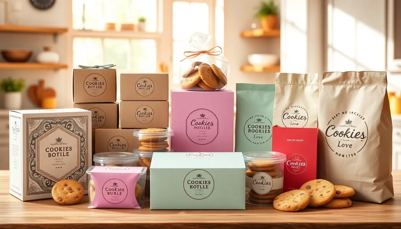 various cookie packaging designs for CookiesForLove in a kitchen setting.