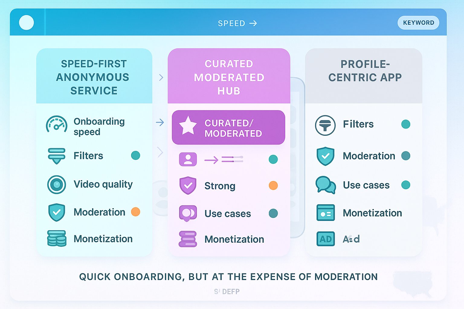 Three-column infographic comparing Chatrando, VibeCam, and profile apps.