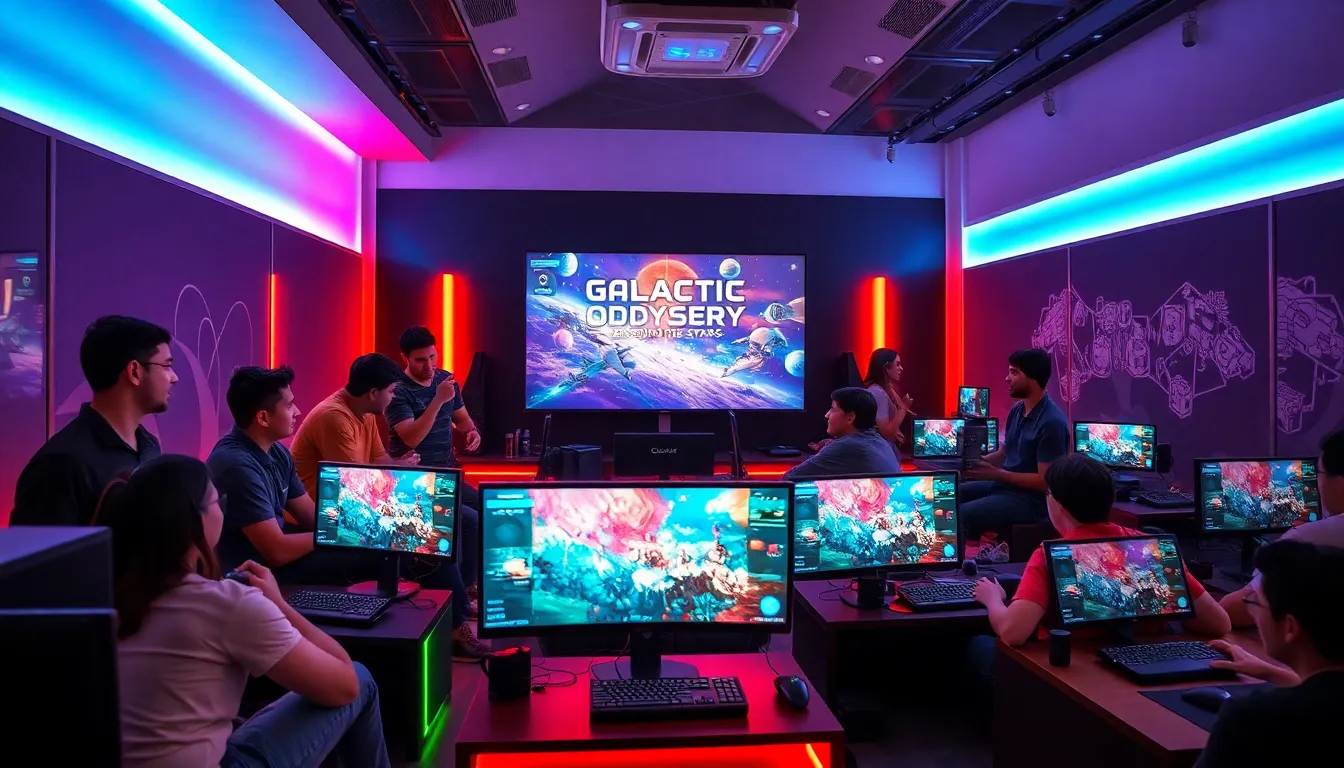 diverse gamers discussing new game releases in a vibrant lounge.