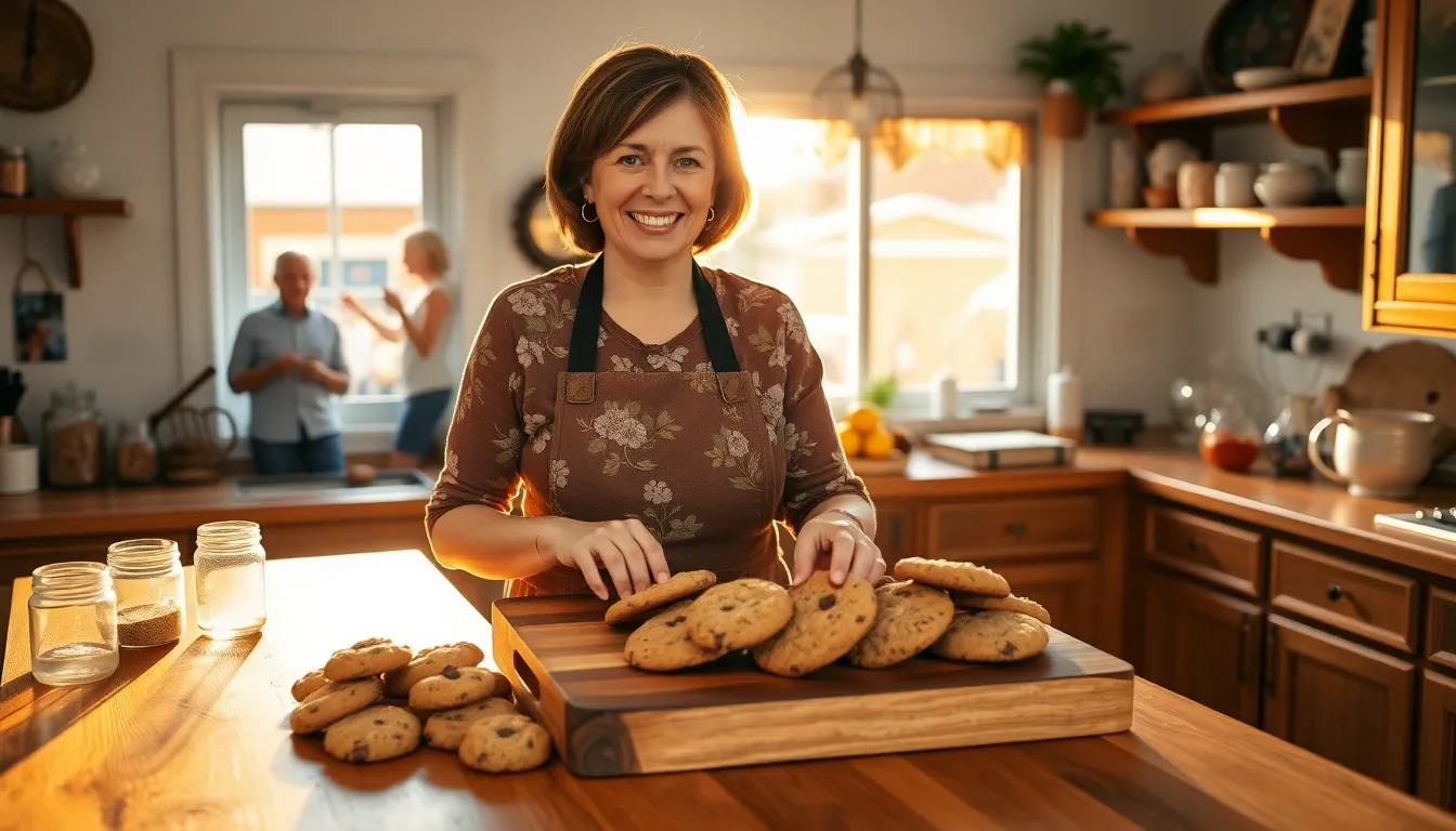 Mary Thompson in a cozy kitchen, arranging freshly baked CookiesForLove.