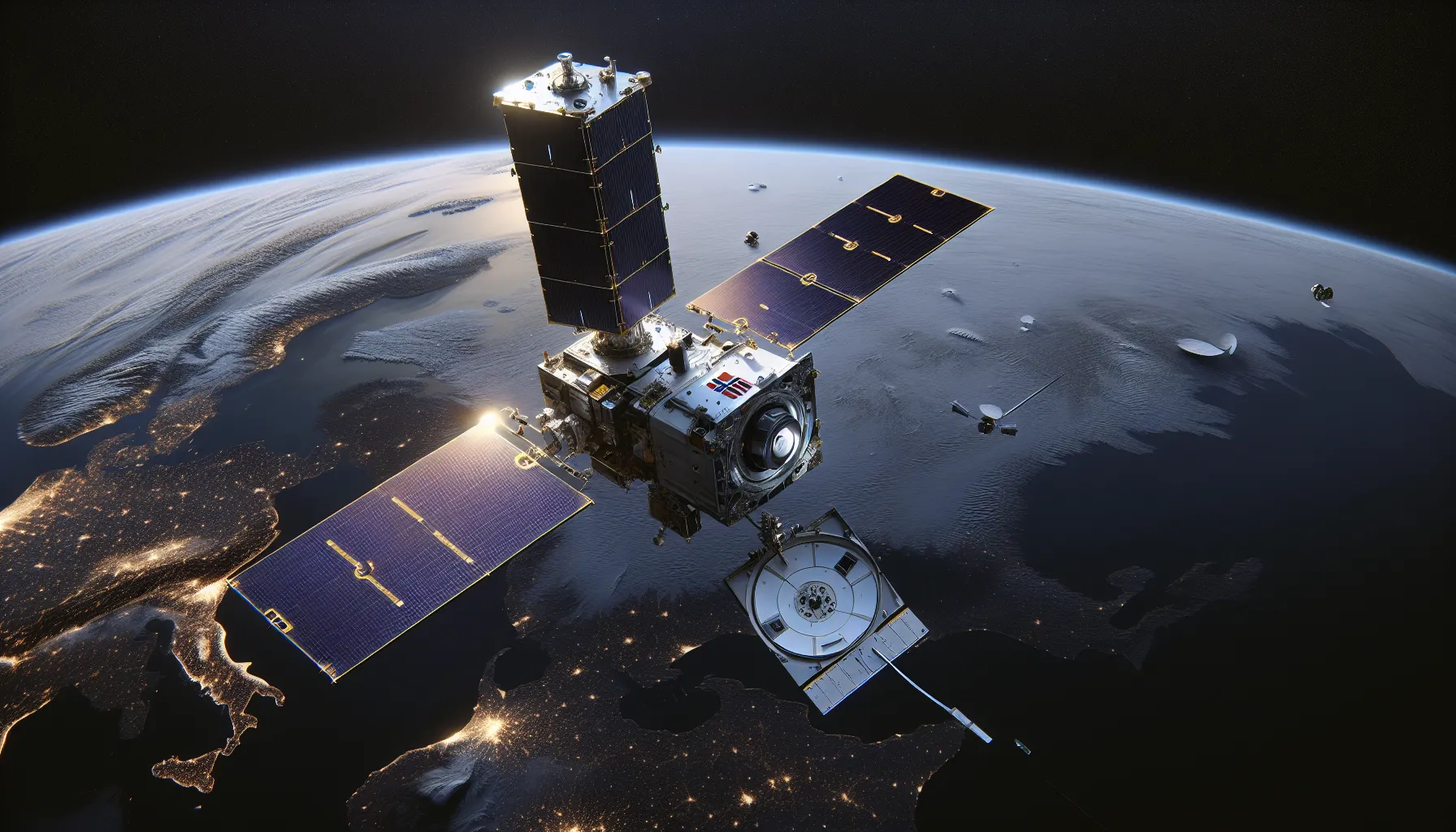 Tracking satellite above norway monitors space debris fragments in low-earth orbit.