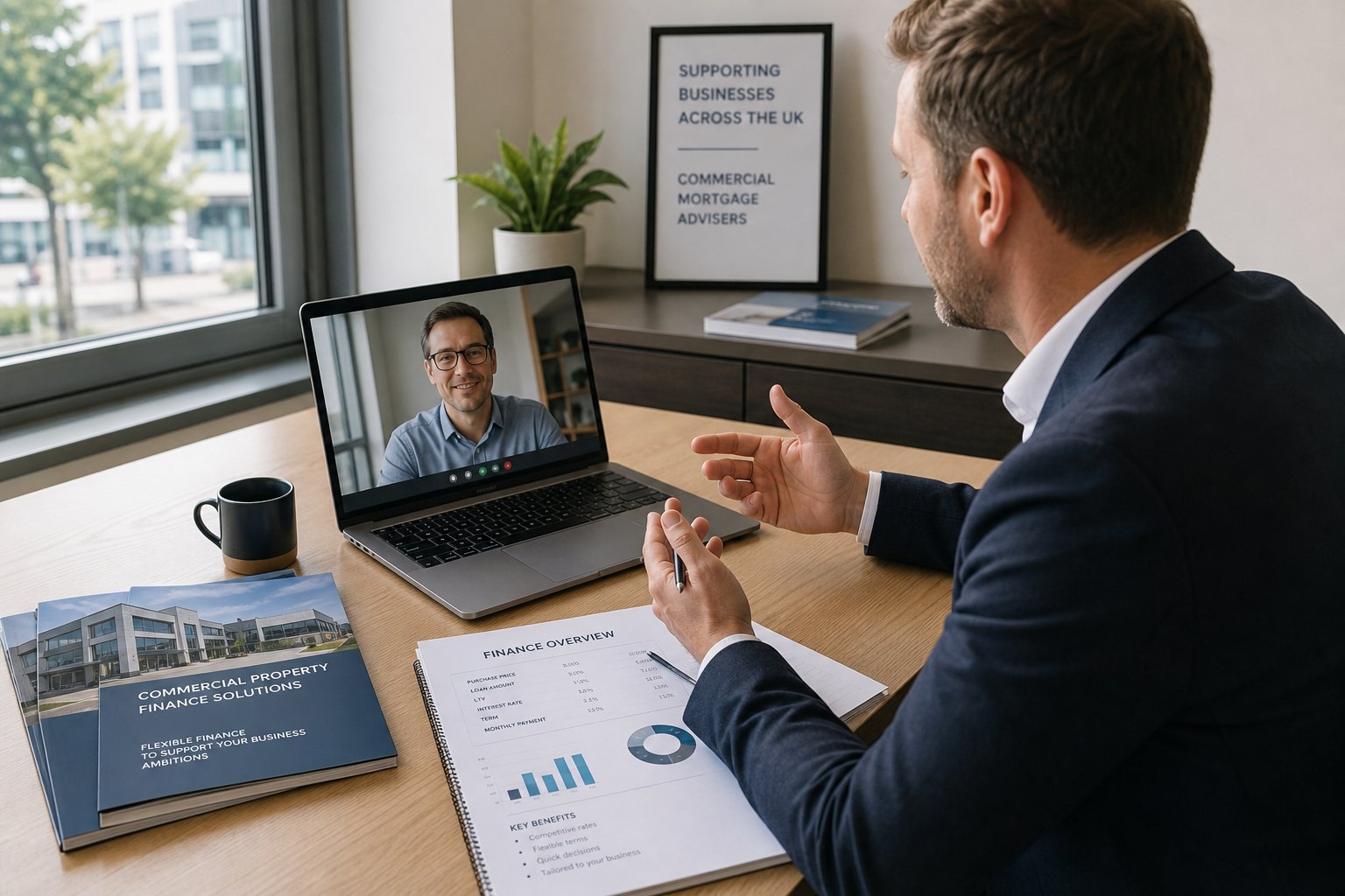 Commercial mortgage adviser on a video call in a naturally lit office with property documents and laptop.