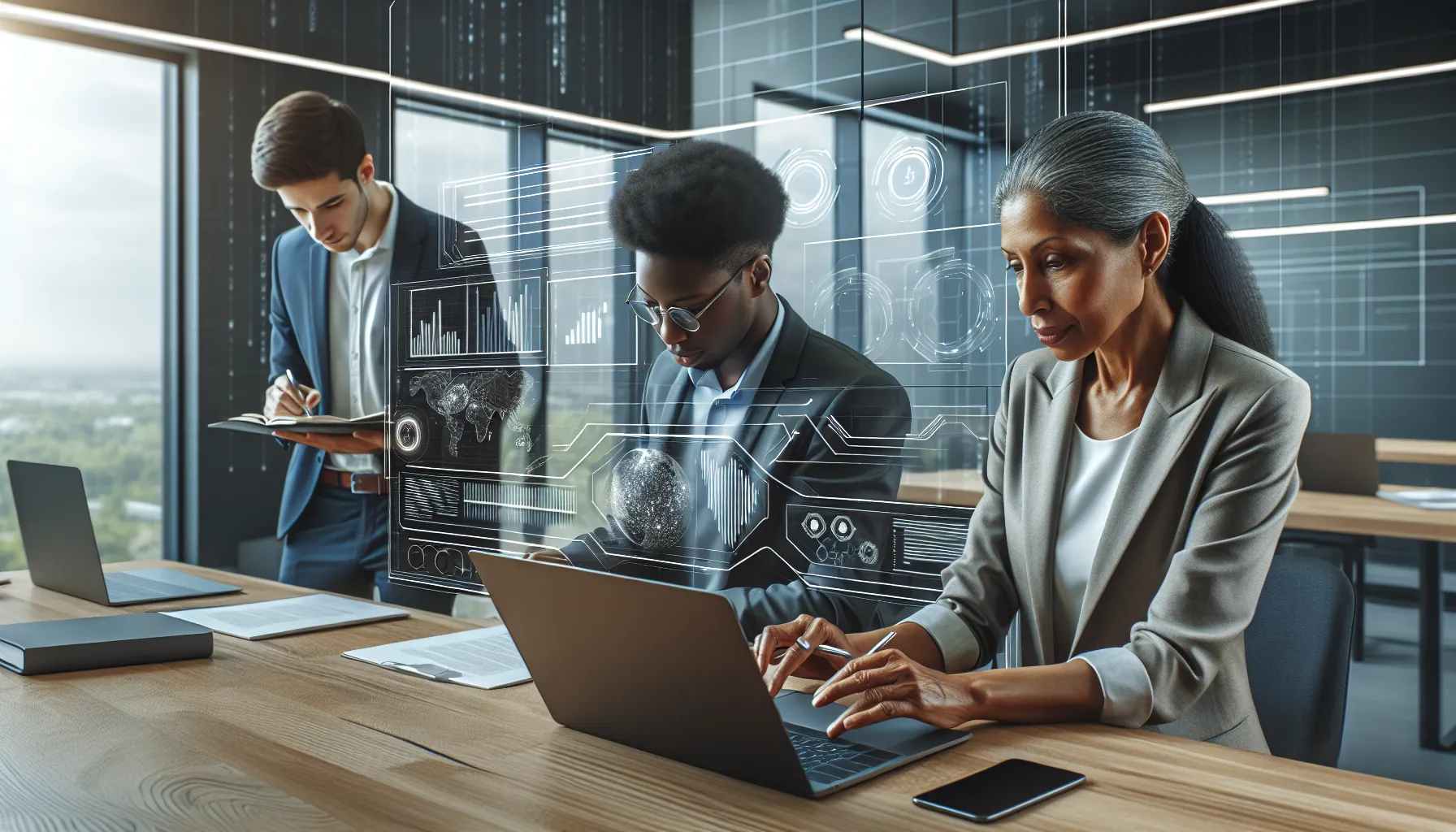 diverse professionals collaborating in a modern office with translation tools.