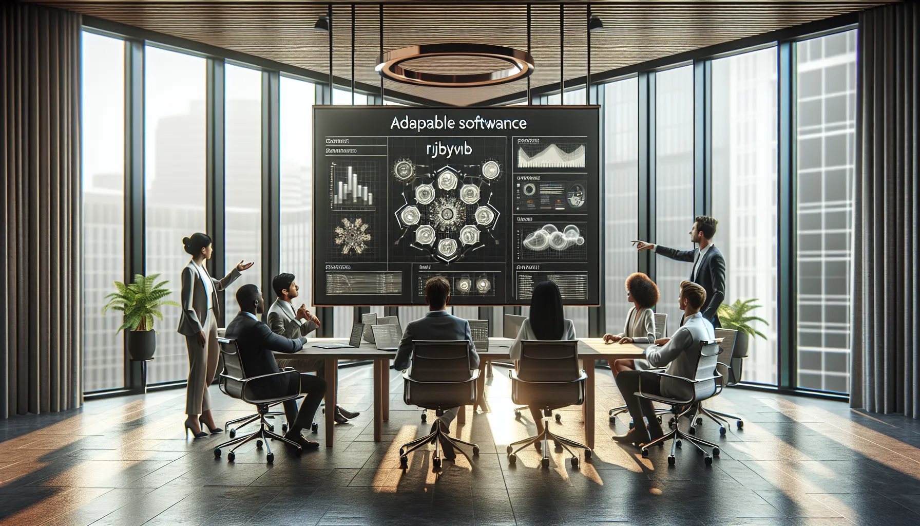 diverse professionals discussing innovative software features in a modern office.