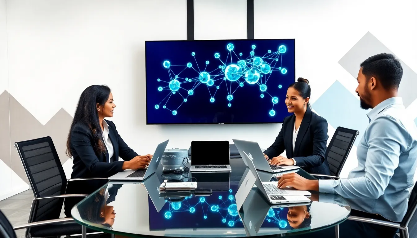 diverse professionals discussing blockchain technology in a modern office.