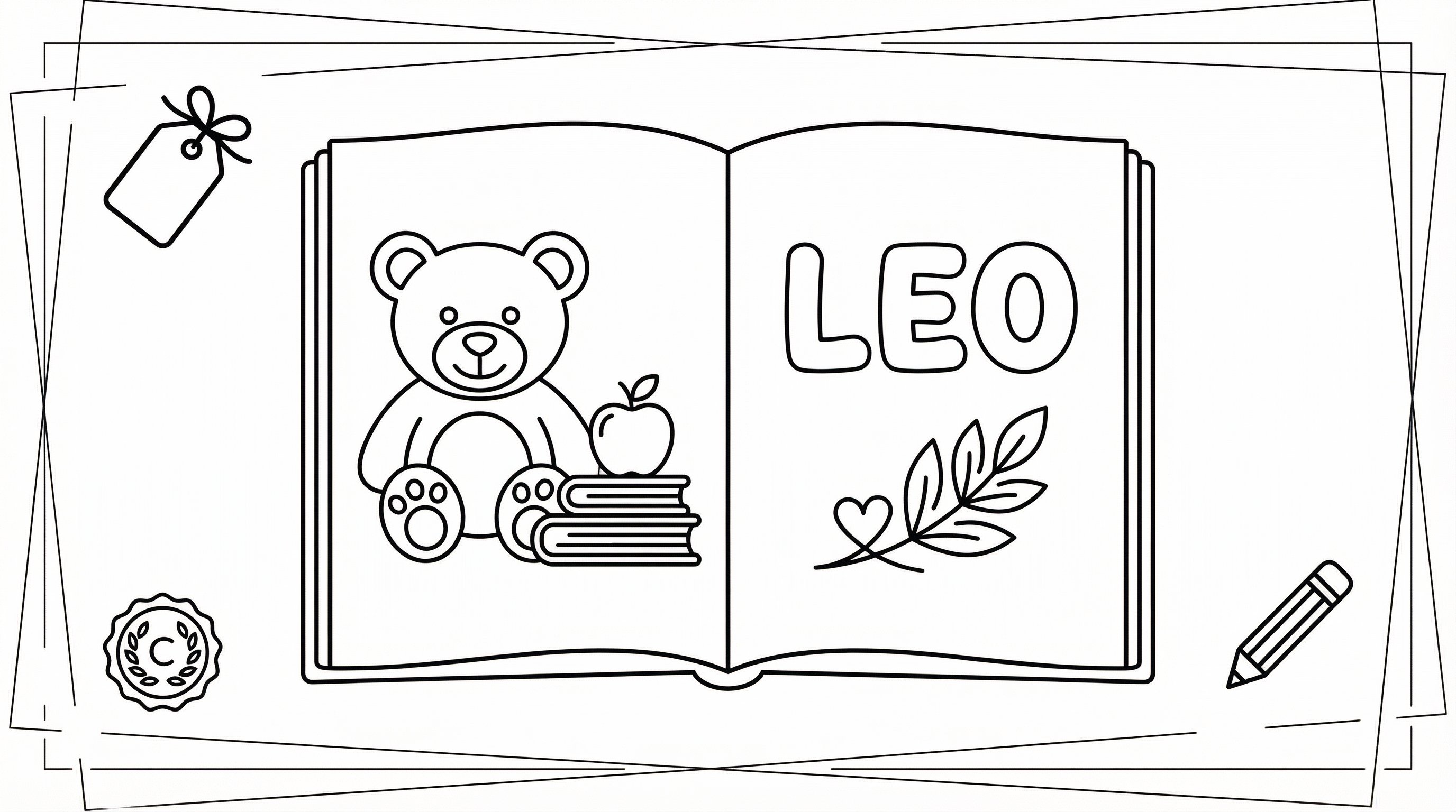 An open personalized coloring book with simple icons for gifts, learning, and relaxation.