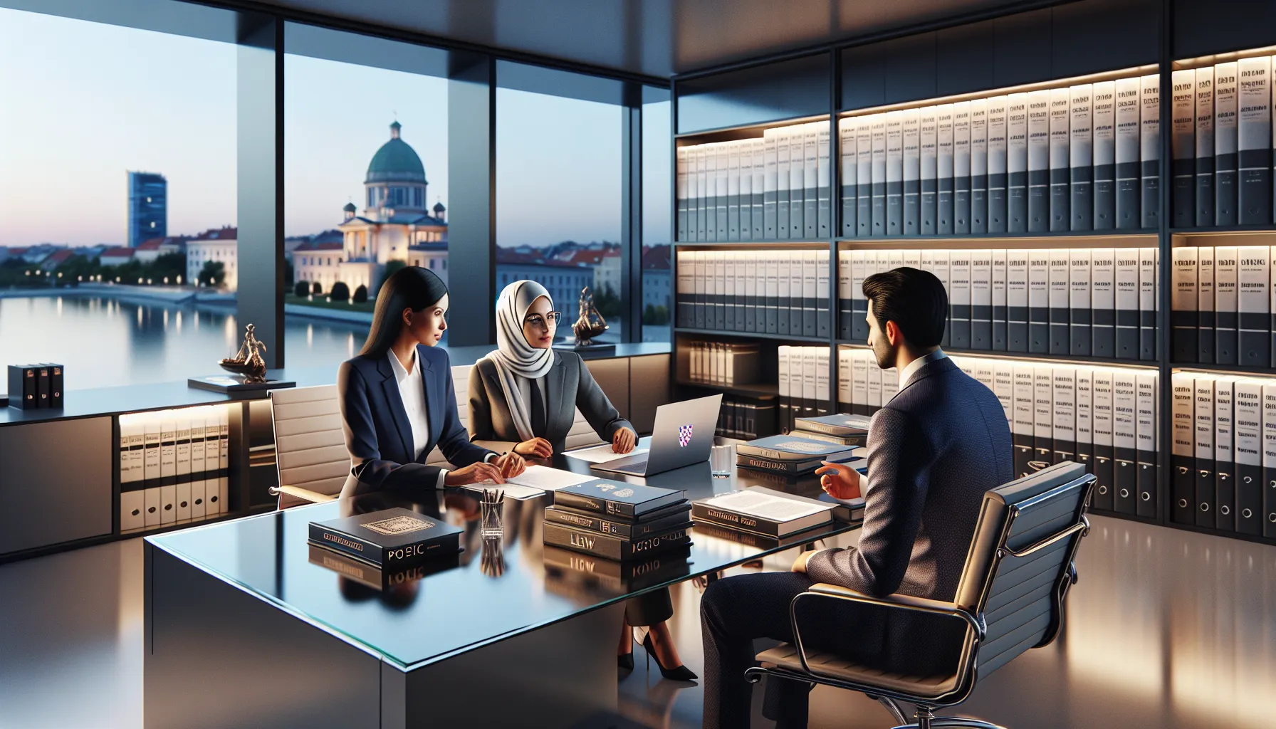 Croatian lawyer consulting with clients about real estate legal matters in modern office.