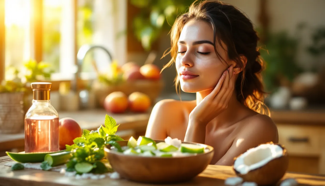 Woman with sandalwood paste on her face surrounded by aloe, rose water, and cooling herbs in a sunny kitchen.