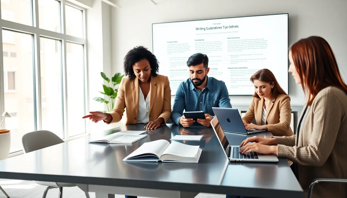 diverse professionals discussing a style manual in a modern office.