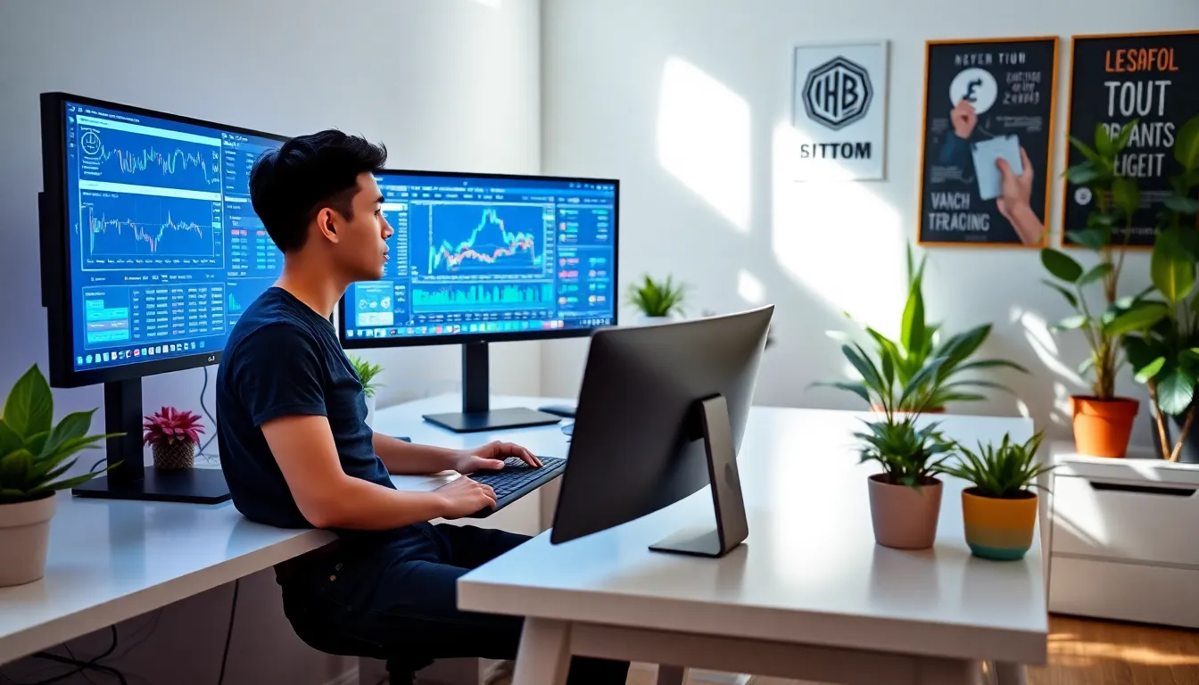 a young adult trading cryptocurrencies at a modern desk with multiple monitors.
