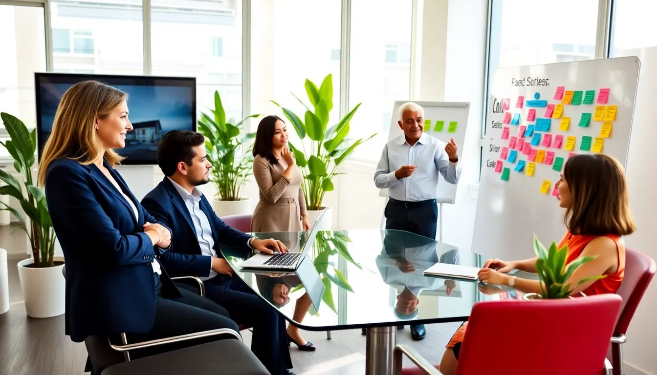 a diverse group of professionals collaborating in a modern conference room.