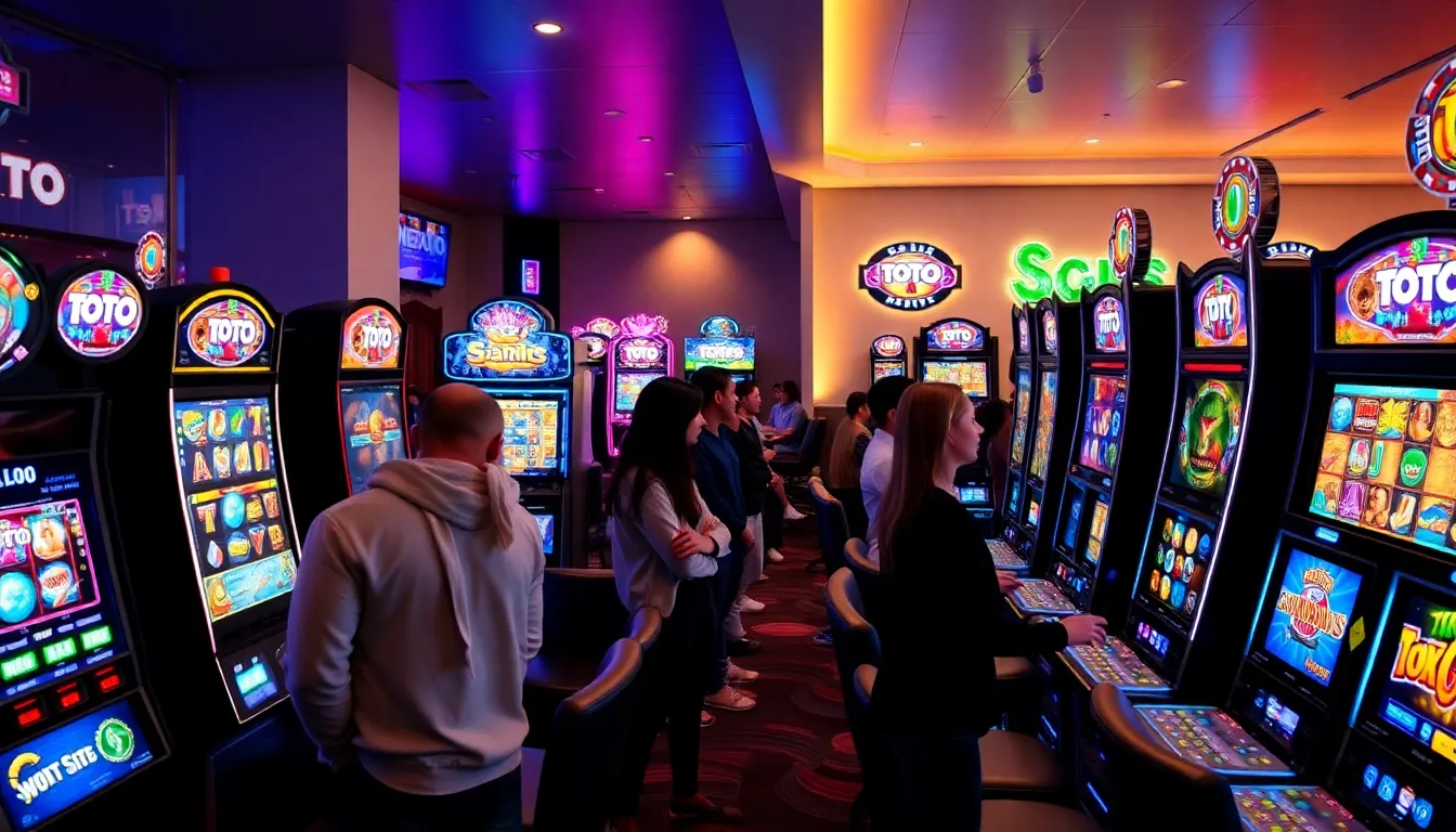 diverse players engaged with various Toto slot machines in a modern gaming room.