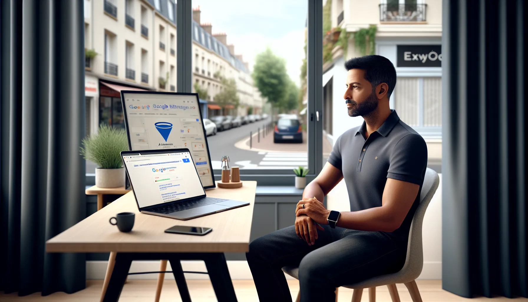 Local business owner in Le Blanc-Mesnil checking Google search results on laptop.