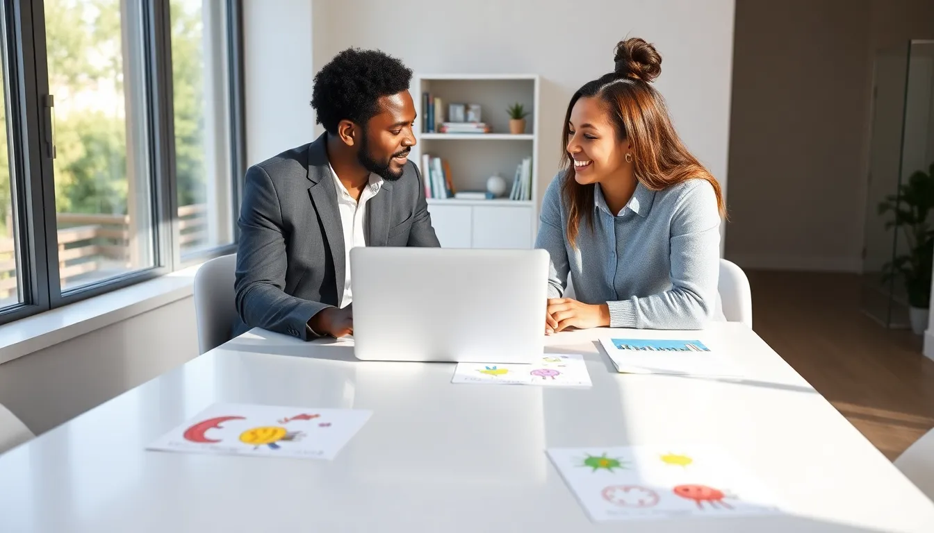 two diverse parents discussing co-parenting strategies in a modern office.