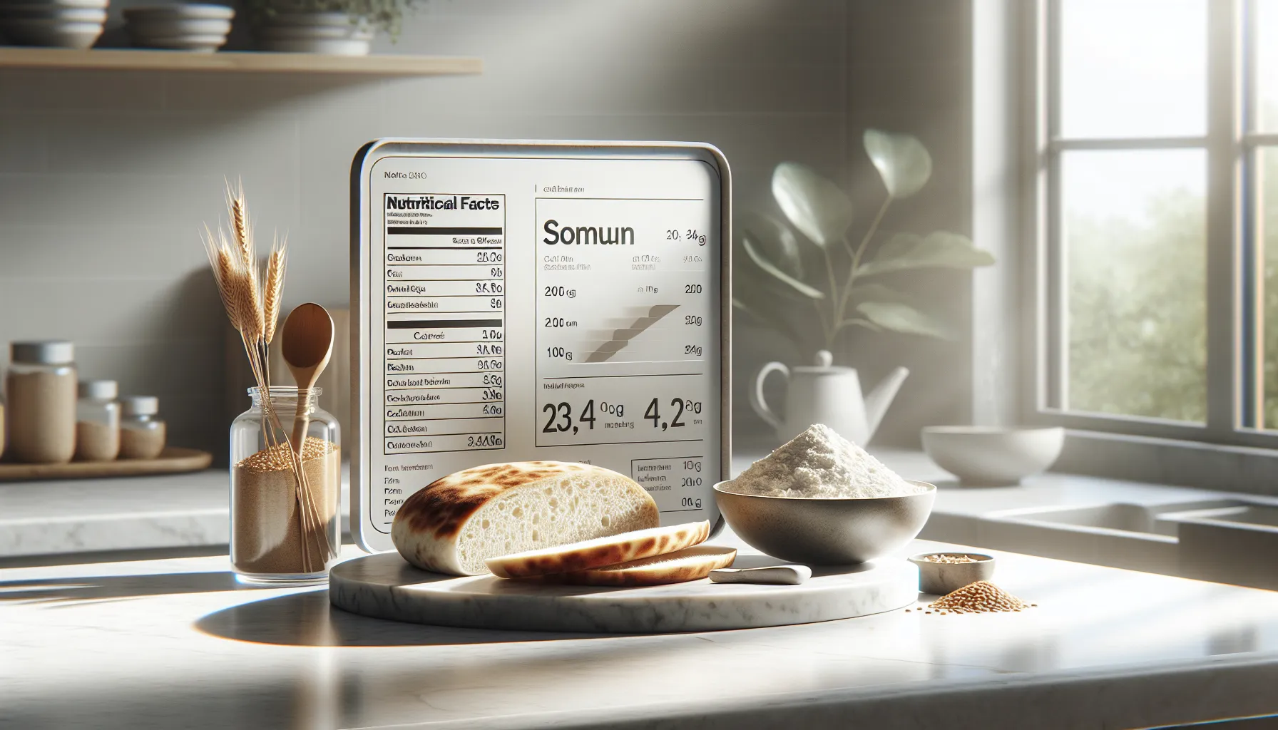 Sliced somun bread with nutrition chart on a modern kitchen counter.