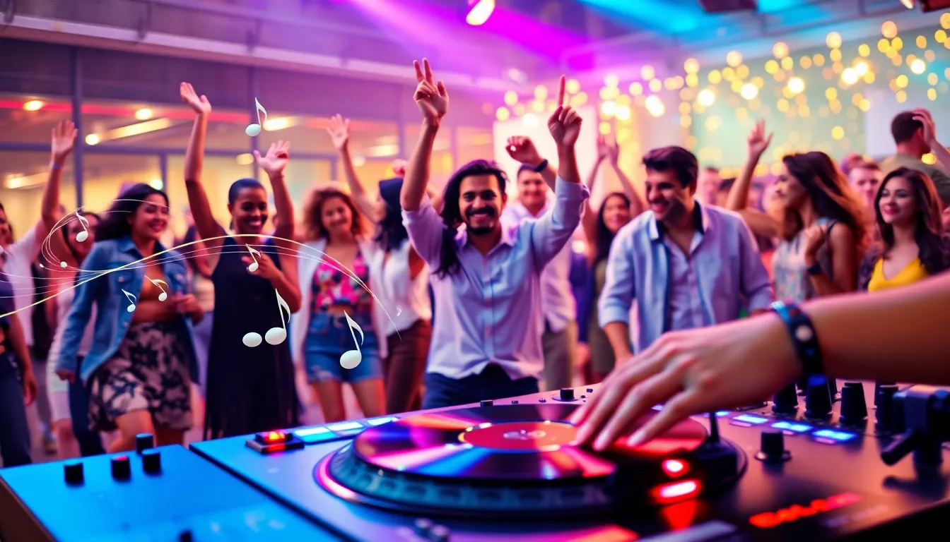 diverse group dancing at a vibrant music event.