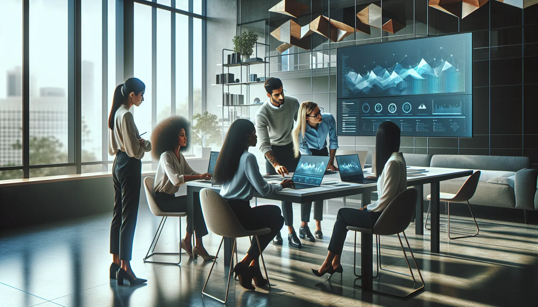 diverse team installing software in a modern office.