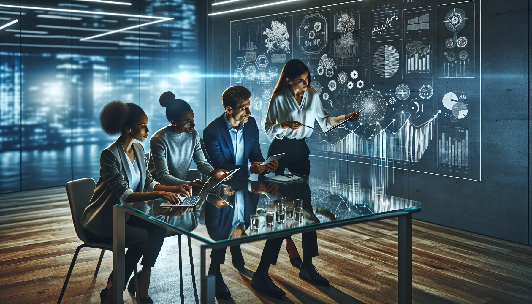 diverse team brainstorming future trends in a modern office.