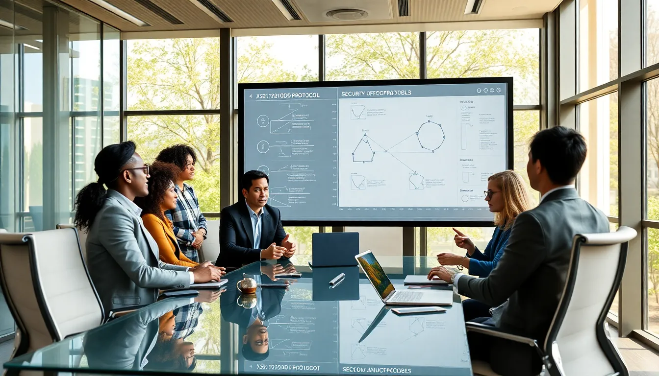 diverse professionals discussing data security in a modern office.
