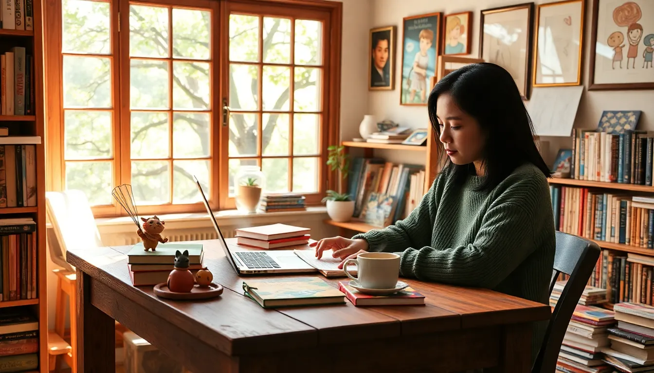 Nolmenes Palken writing at a desk in a sunlit, book-filled room.