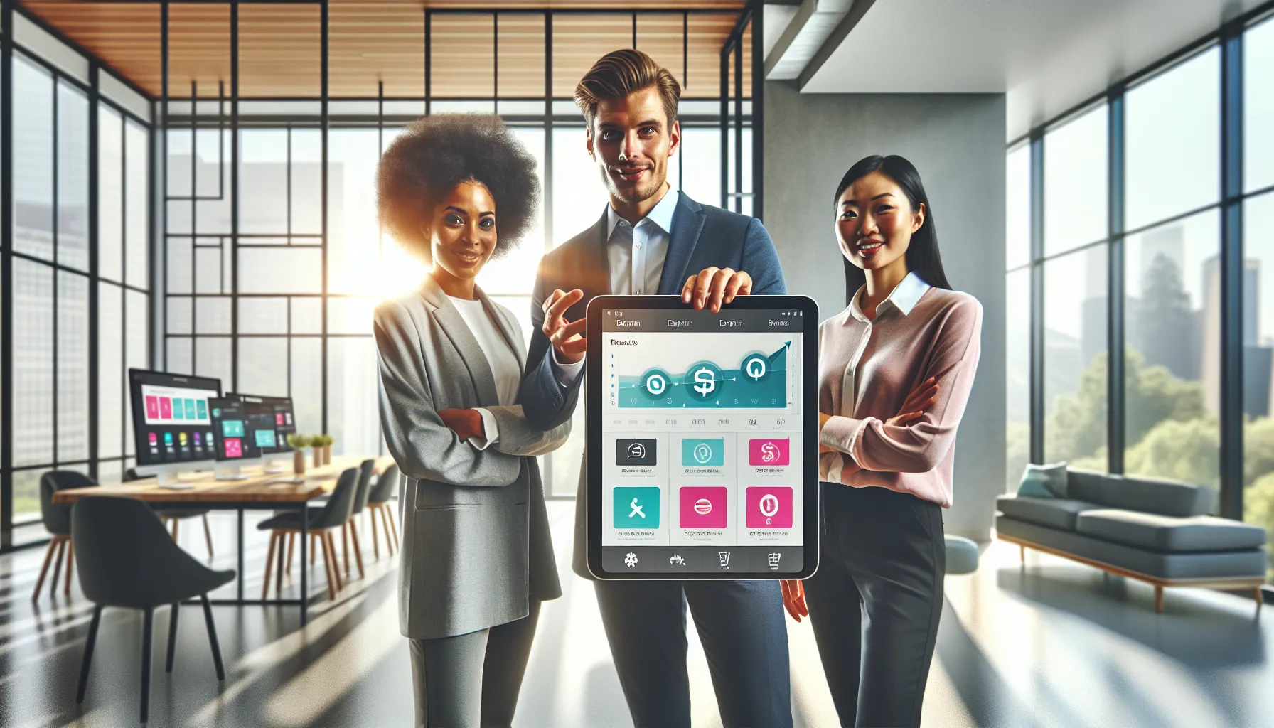 diverse professionals discussing a financial app in a bright office.
