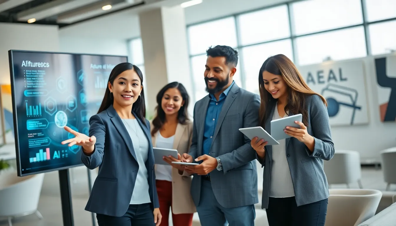 professionals discussing Artificial Intelligence in a modern office.