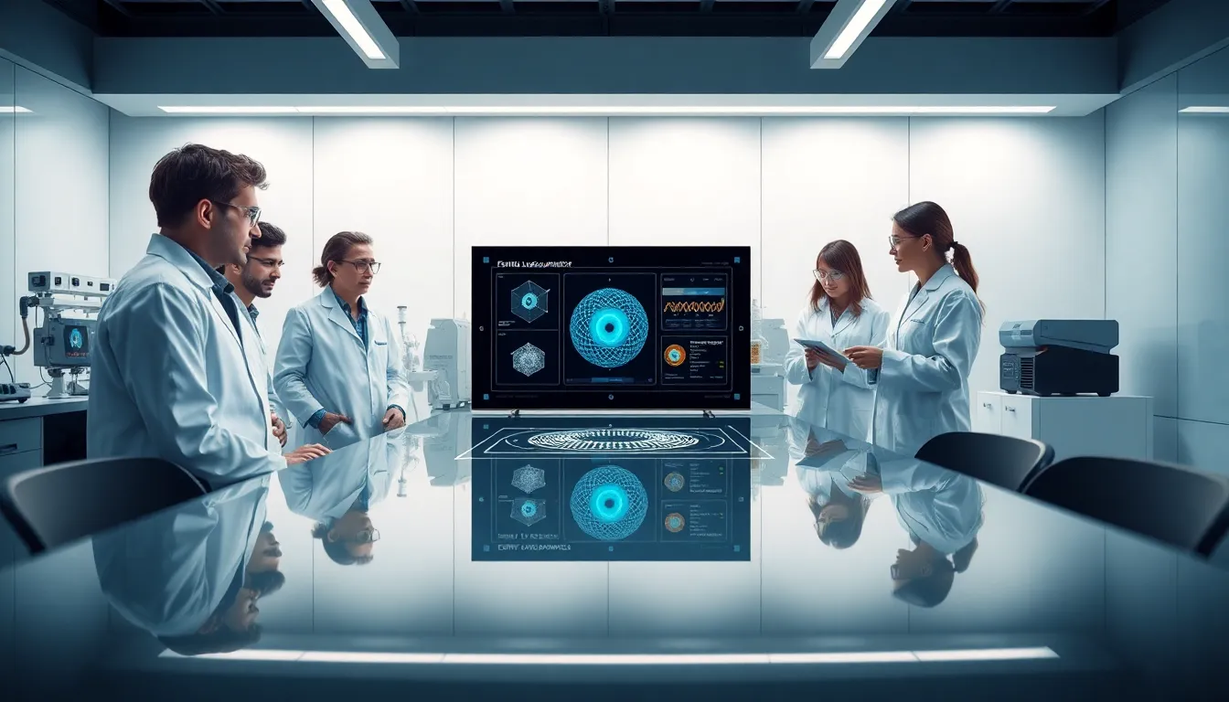 diverse scientists analyzing femto-level phenomena in a modern lab.