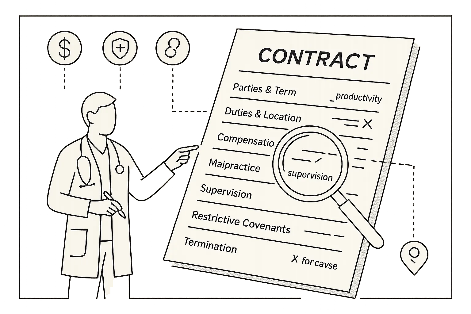 PA pointing at a contract with icons for financial, compliance, and mobility risks.