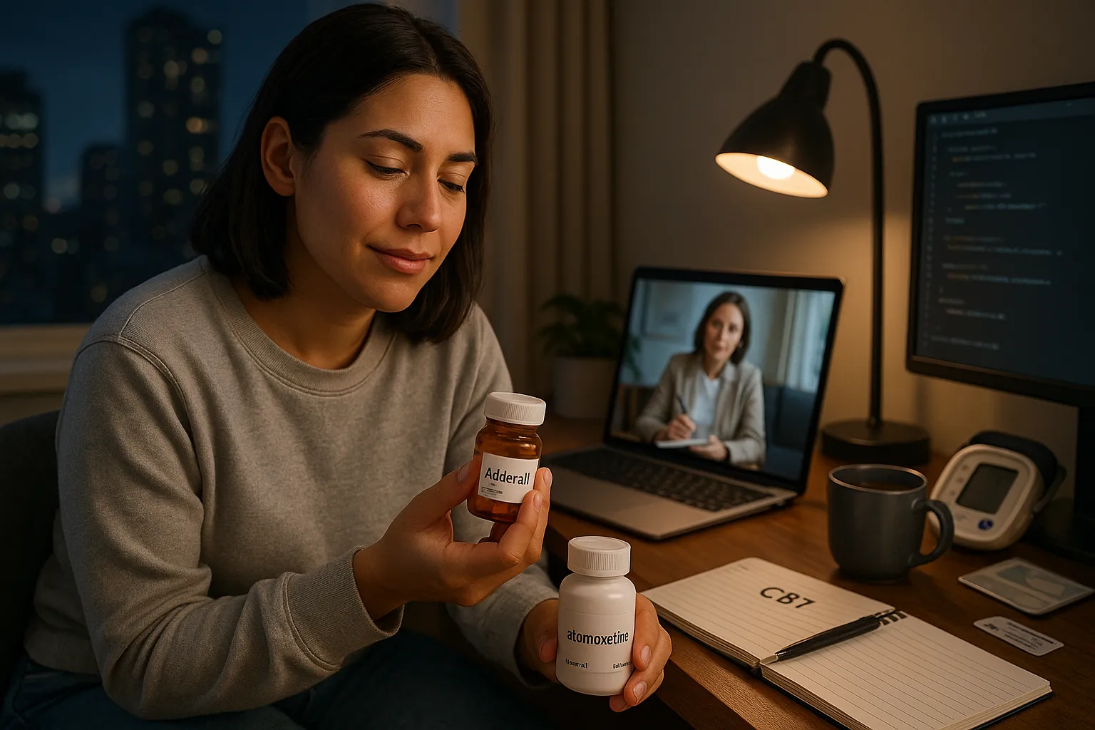 young woman weighing Adderall and atomoxetine with therapist on laptop screen.