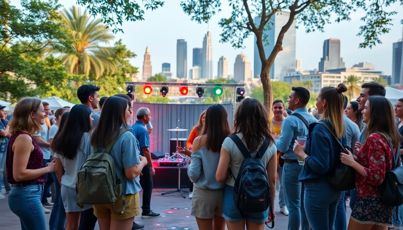 diverse travelers enjoying a live music event in an urban setting.