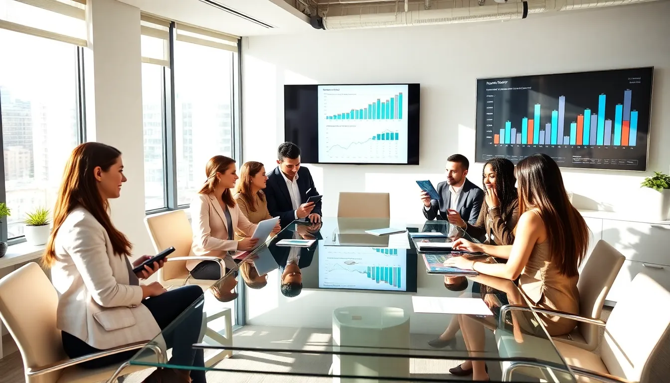 diverse real estate team in a modern office meeting.