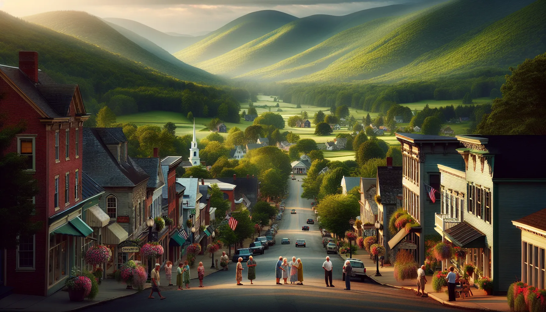 Scenic view of Shaftsbury, Vermont with mountains and charming small-town buildings.