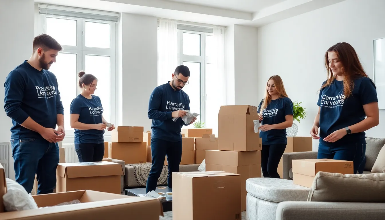 diverse team packing household items in a modern living room.