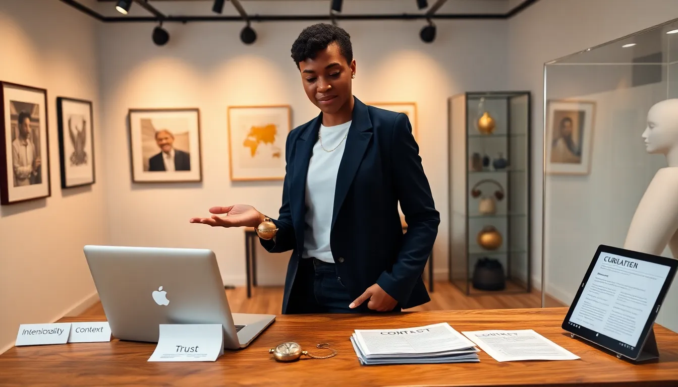 Curator arranging objects and digital articles in a studio-gallery setting.