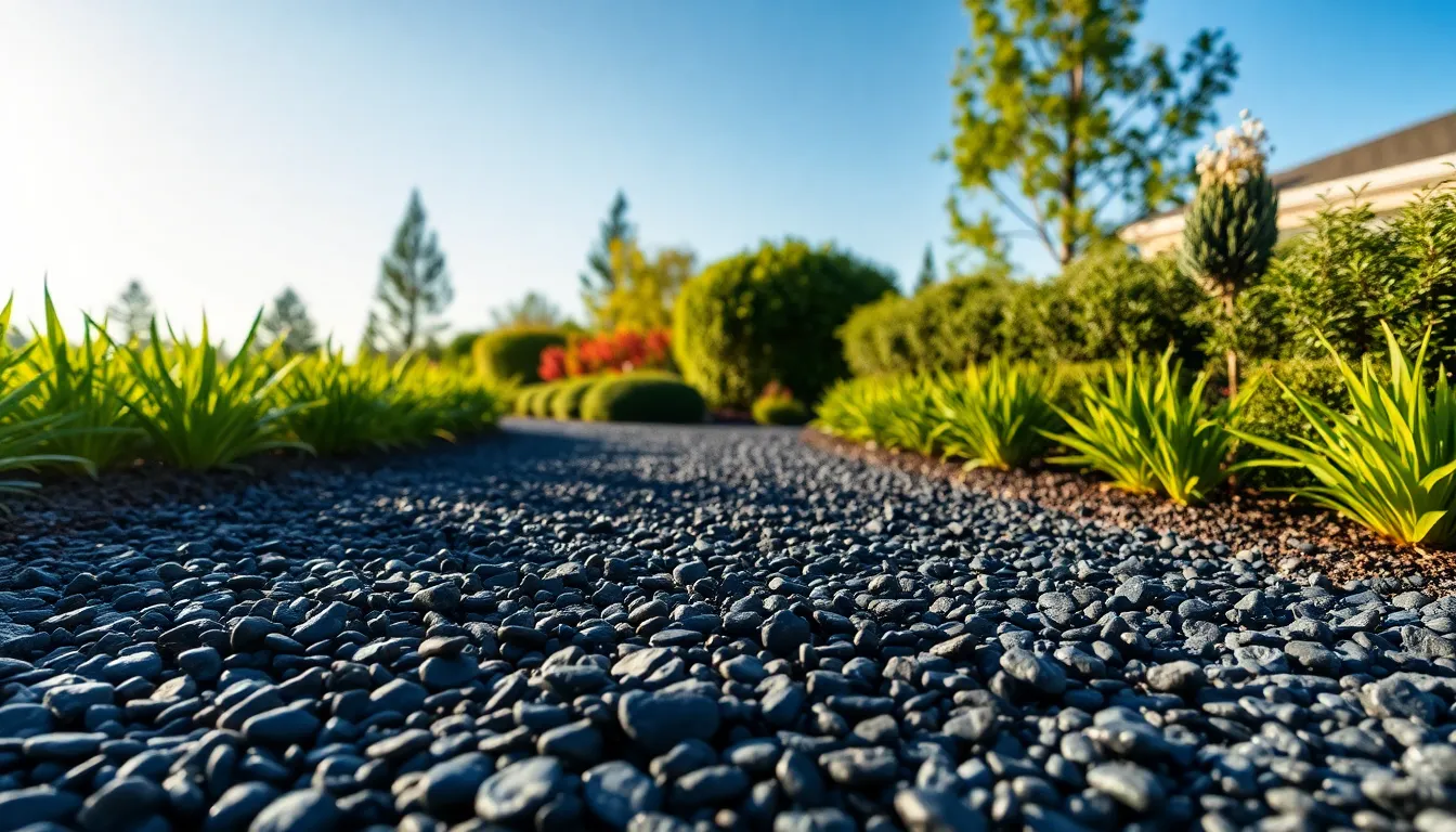 landscaped garden pathway with black gravel stones.