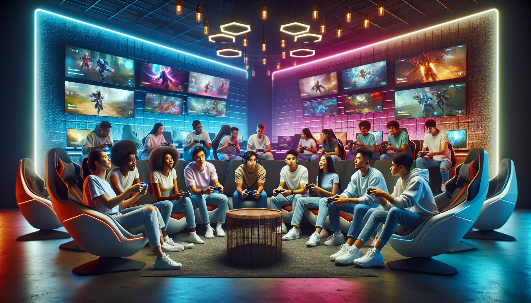 a diverse group of gamers enjoying a session on consoles in a modern lounge.