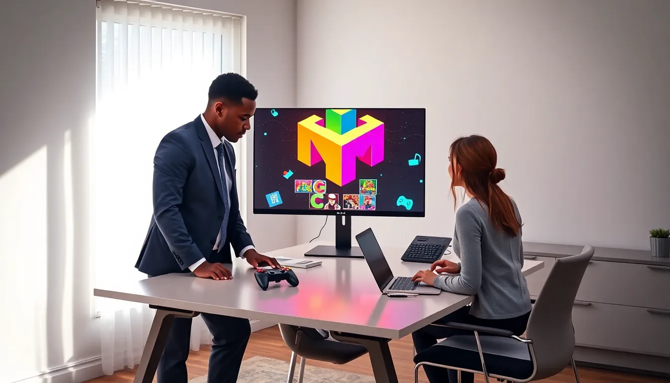 professionals setting up a Nintendo 64 emulator in a modern office.