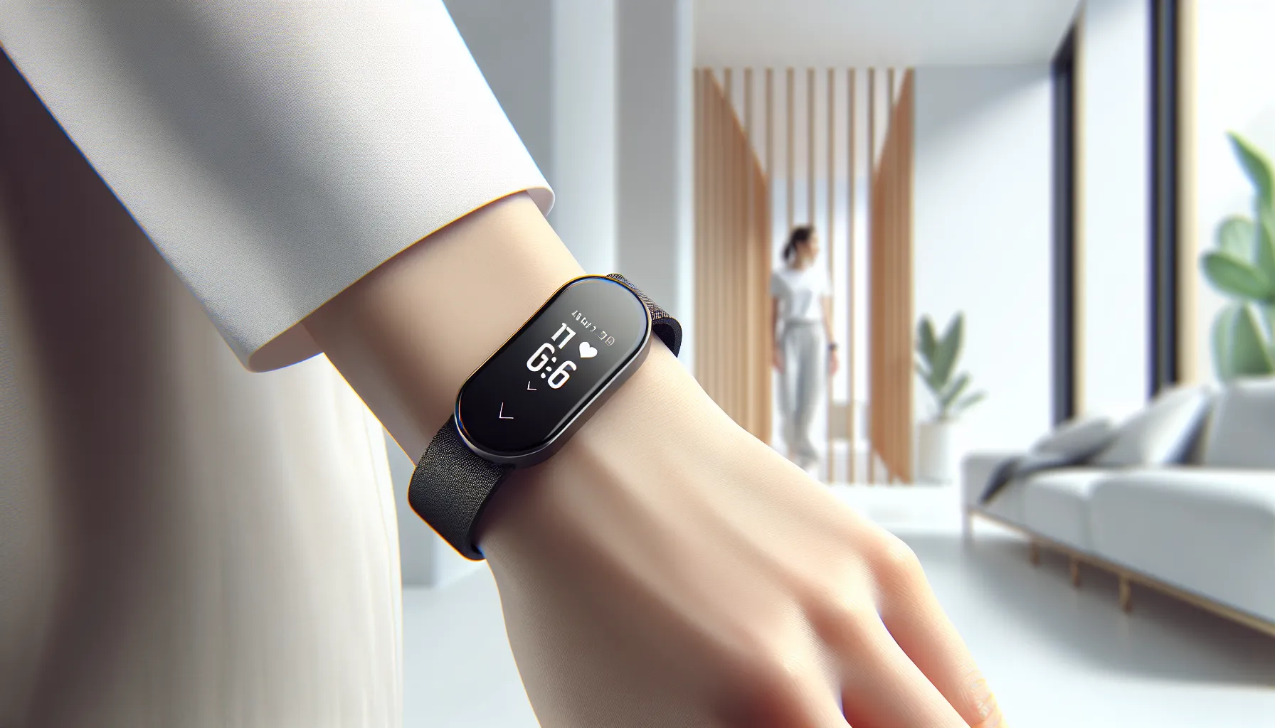 A fitness tracker displaying heart rate data on a wrist.