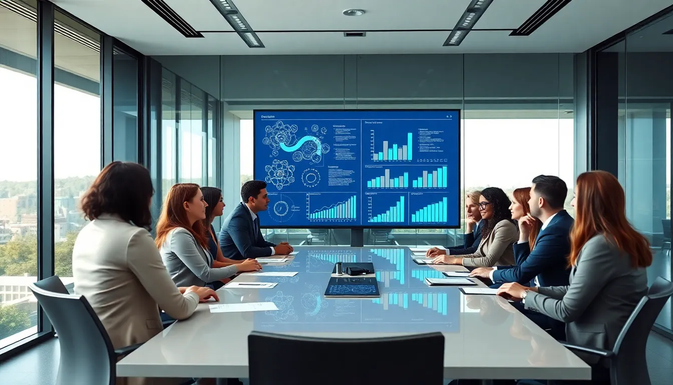 diverse team collaborating in a modern conference room.